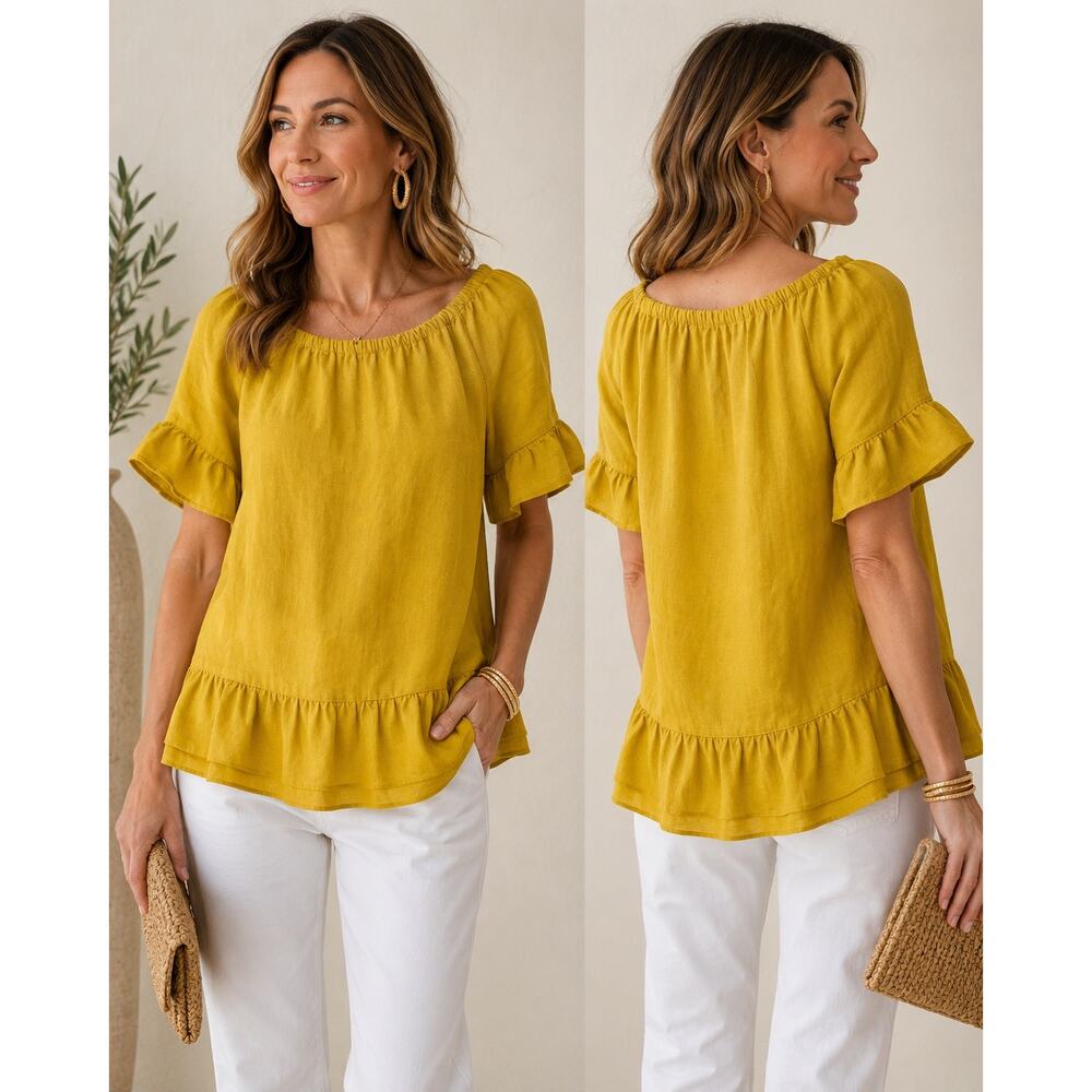 Terzo Millennio Yellow Linen Top Made in Italy Ruffle Peplum Small